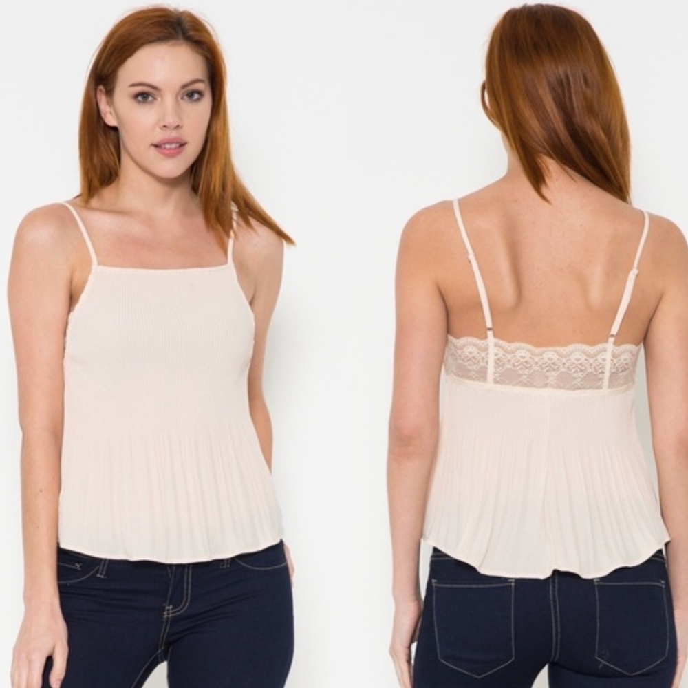 NWT Crop Tank Micro Pleat & Lace Trim Lt Blush SML